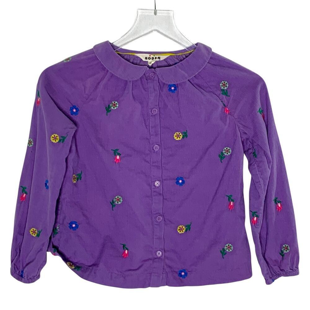 Mini Boden 7-8 Years Corduroy Floral Embroidered Long Sleeve Shirt Purple Preppy